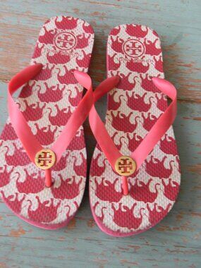 TORY BURCH PINK/RED ELEPHANT  LOGO FLIP FLOPS BEACH POOL SZ 8-8.5